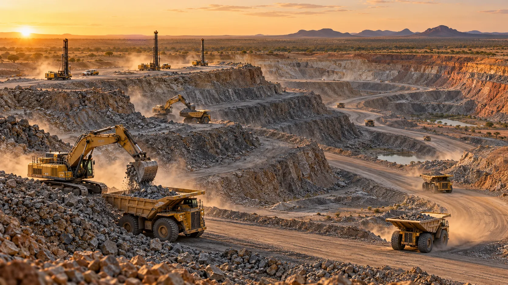 Open-pit mining operation at golden hour